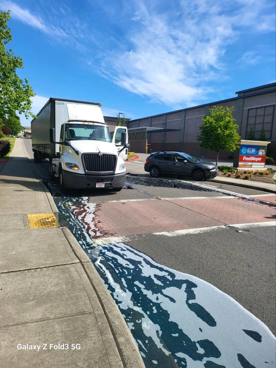 A semi wreck spilled 50 gallons of diesel June 6 on 32nd Avenue in Gig Harbor, behind Fred Meyer and right by the Olympic Square Townhomes.