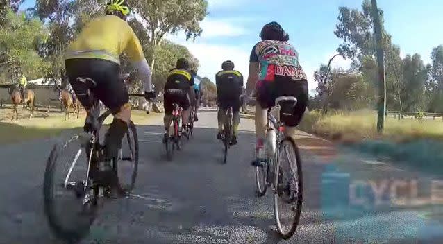 The cyclists can be seen giving space to a couple of horse riders on the left. Source: YouTube/ The Clique Online Media