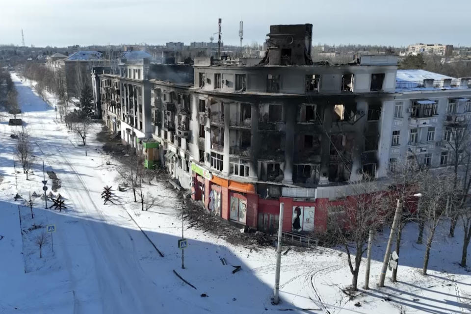 New video footage of Bakhmut shot from the air with a drone for The Associated Press shows how the longest battle of the year-long Russian invasion has turned the city of salt and gypsum mines in eastern Ukraine into a ghost town. The footage was shot Feb. 13. From the air, the scale of destruction becomes plain to see. Entire rows of apartment blocks have been gutted, just the outer walls left standing and the roofs and interior floors gone, exposing the ruins’ innards to the snow and winter frost – and the drone’s prying eye. (AP Photo)