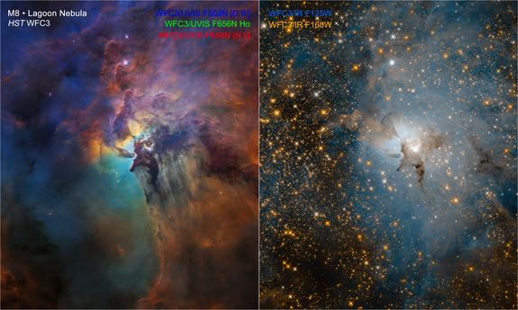 Two views of the Lagoon Nebula, visible on left, infrared on right.