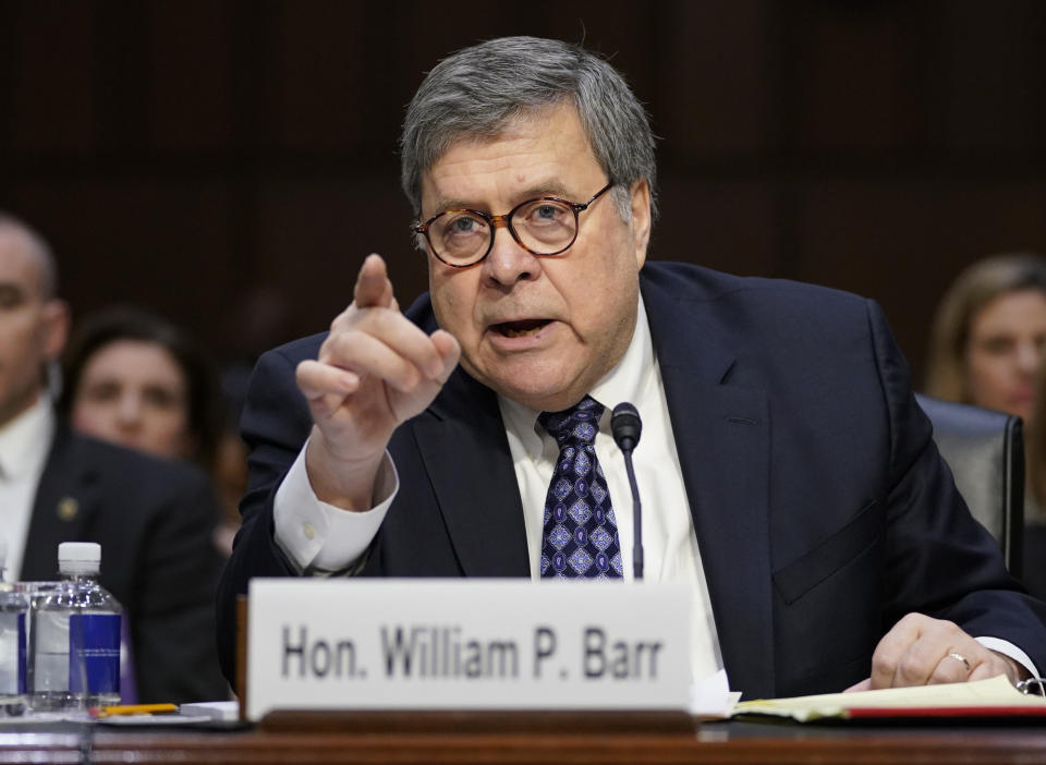 Attorney General nominee William Barr speaks before the Senate Judiciary Committee on Capitol Hill in Washington, Tuesday, Jan. 15, 2019. Barr will face questions from the Senate Judiciary Committee on Tuesday about his relationship with Trump, his views on executive powers and whether he can fairly oversee the special counsel's Russia investigation. Barr served as attorney general under George H.W. Bush. (AP Photo/Carolyn Kaster)