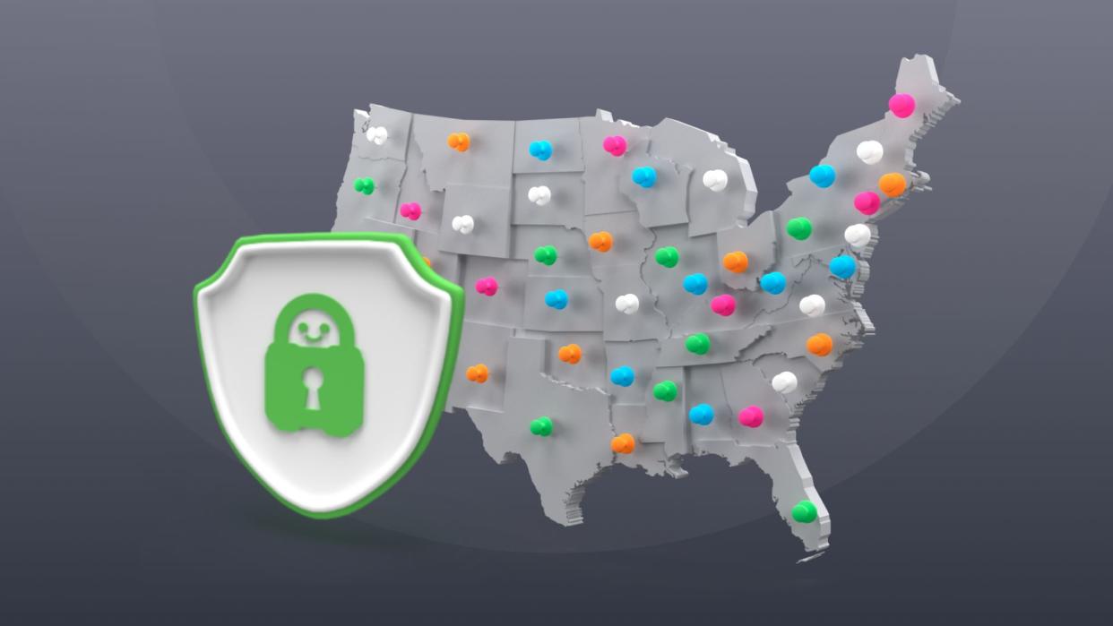  A map infographic showing the US states, with the Private Internet Access (PIA) logo on the left 