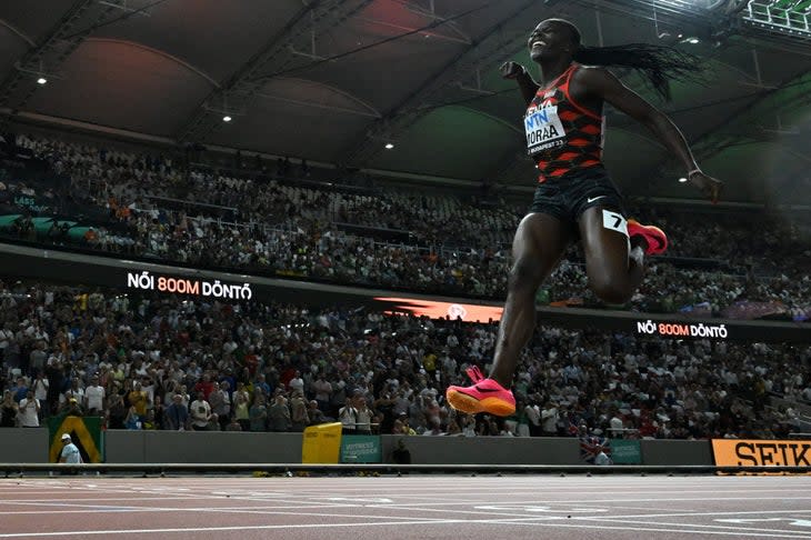 Mary Moraa celebrates the 800 meters win