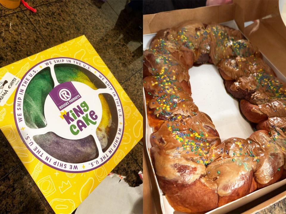 king cake in box (left), opened (right)