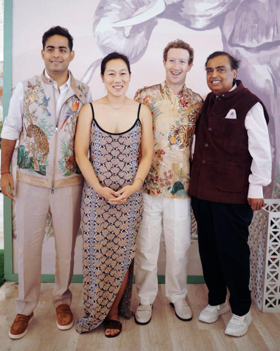 This photograph released by the Reliance group shows R to L, billionaire industrialist Mukesh Ambani, Mark Zuckerberg, Priscilla Chan, and Akash Ambani posing for a photograph at a pre-wedding bash of Mukesh Ambani's son Anant Ambani in Jamnagar, India, Saturday, Mar. 02, 2024. (Reliance group via AP) ORG XMIT: REL204