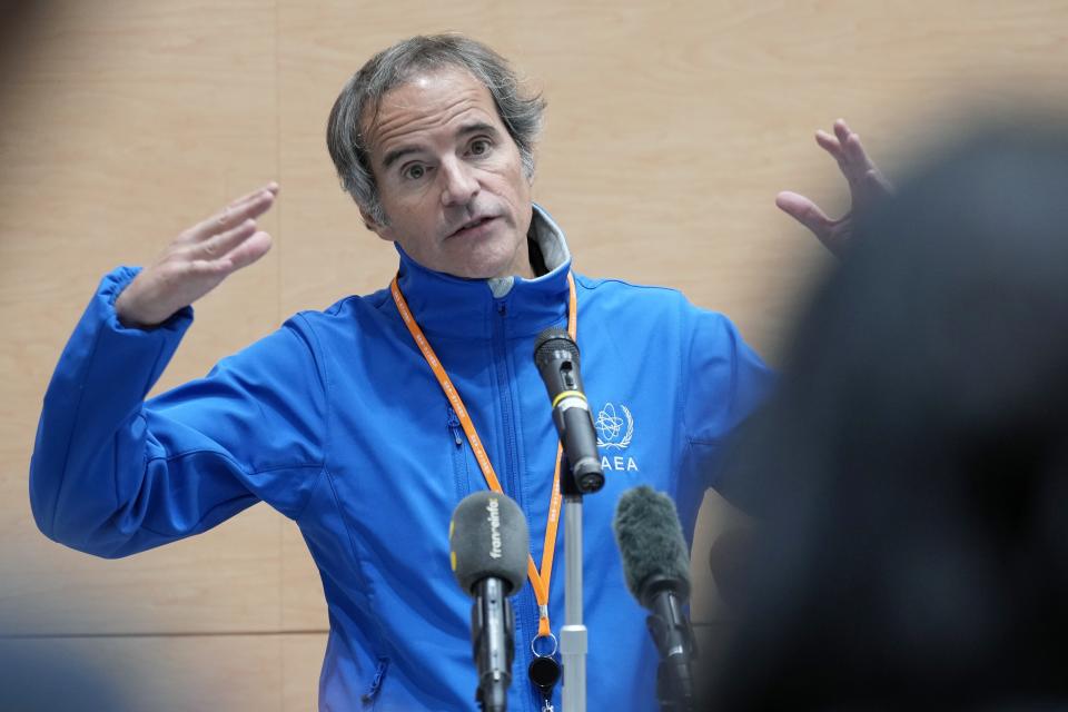 International Atomic Energy Agency Director General Rafael Mariano Grossi speaks to journalists after touring the Fukushima Daiichi nuclear power plant, operated by Tokyo Electric Power Company Holdings (TEPCO), in Futaba town, northeastern Japan, Wednesday, March 13, 2024. (AP Photo/Eugene Hoshiko)