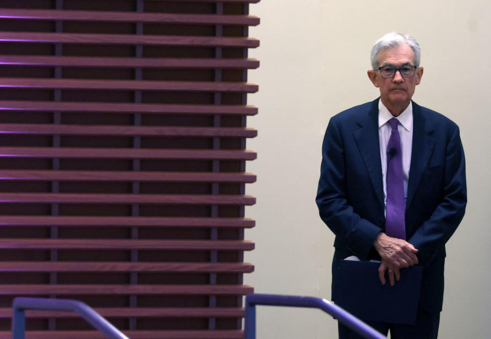 Federal Reserve Chairman Jerome Powell looks on before speaking during the Stanford Business, Government, and Society Forum at Stanford University on April 3, 2024. (Photo by Justin Sullivan/Getty Images)