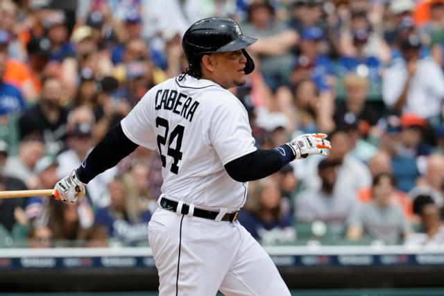 Miguel Cabrera of the Detroit Tigers looks on against the Miami