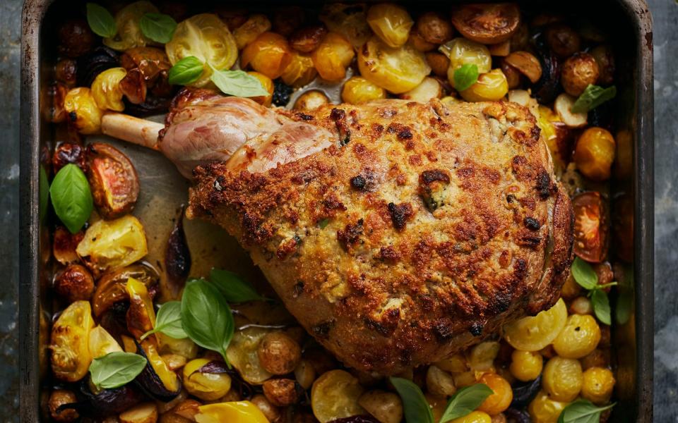 roast leg of lamb with potatoes, pecorino, basil and garlic recipe - Laura Edwards