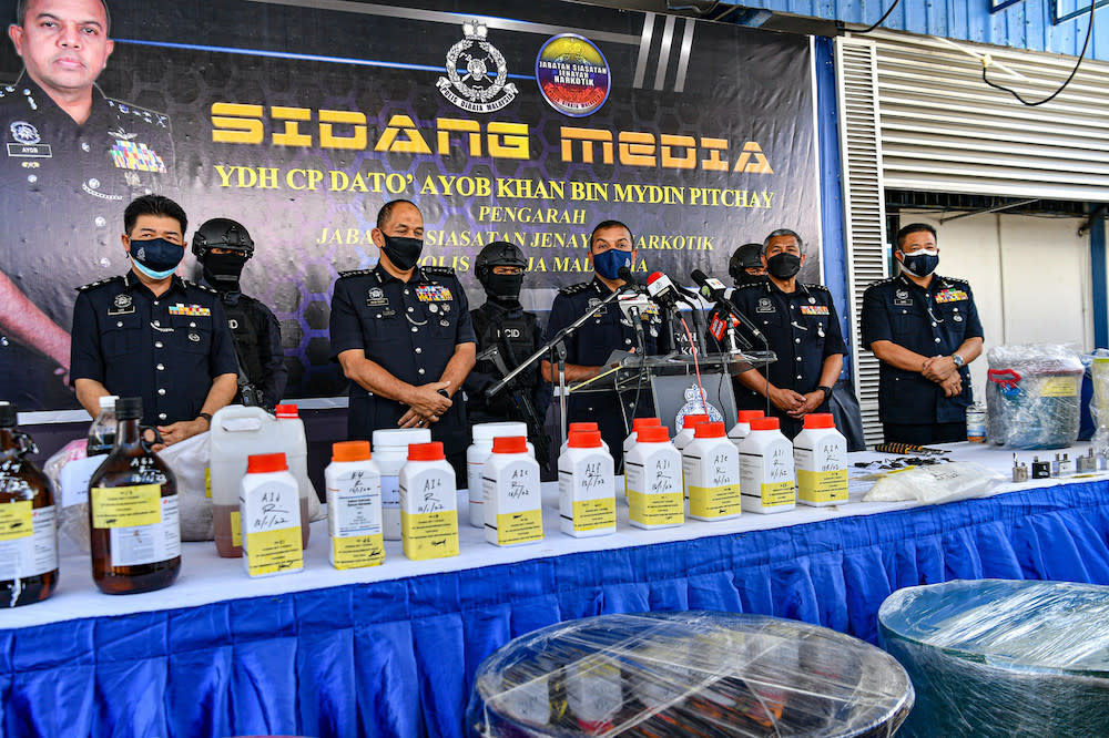 Bukit Aman Narcotics Criminal Investigation Department (NCID) director Datuk Ayob Khan Mydin Pitchay at the media conference after police seized drugs worth RM111.2 million, Ipoh January 16, 2022. — Bernama pic