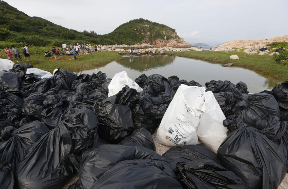 Plastic bags containing plastic pellets collected by volunteers are piled up during a cleanup operation on a bank of Lamma island in Hong Kong Sunday, Aug. 5, 2012. Hong Kong government said about 150 tons of the pellets were spilled into the sea from a vessel when Typhoon Vicente hit two weeks ago, and some of the pellets drifted into fish farms. (AP Photo/Kin Cheung)