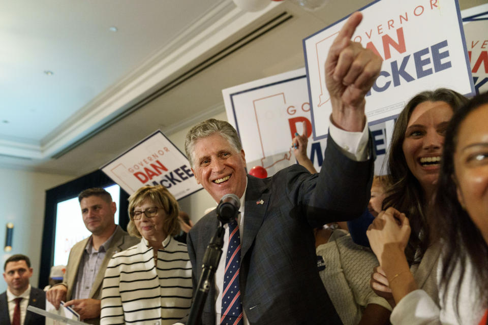 Rhode Island Gov. Dan McKee gives an acceptance speech in front of supporters at a primary election night watch party in Providence, R.I., Tuesday, Sept. 13, 2022. (AP Photo/David Goldman)