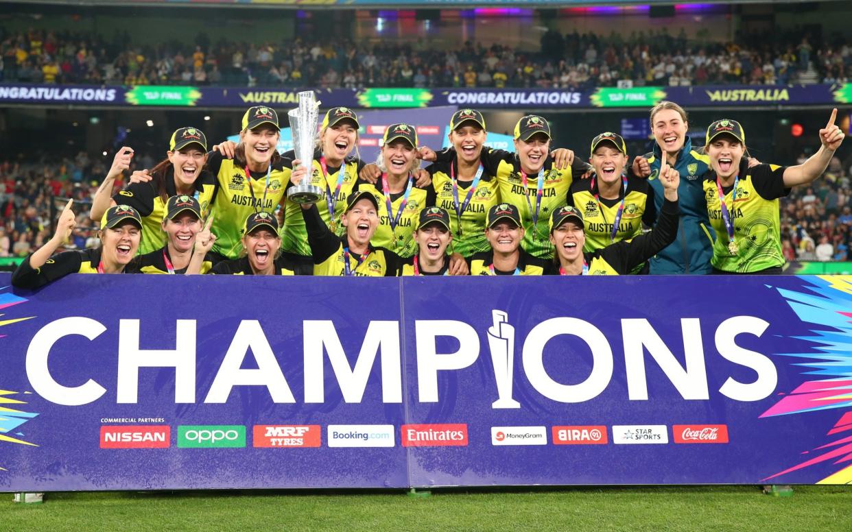 Australia celebrate after winning the ICC Women's T20 Cricket World Cup Final match between India and Australia at the Melbourne Cricket Ground on March 08, 2020 in Melbourne - Getty Images