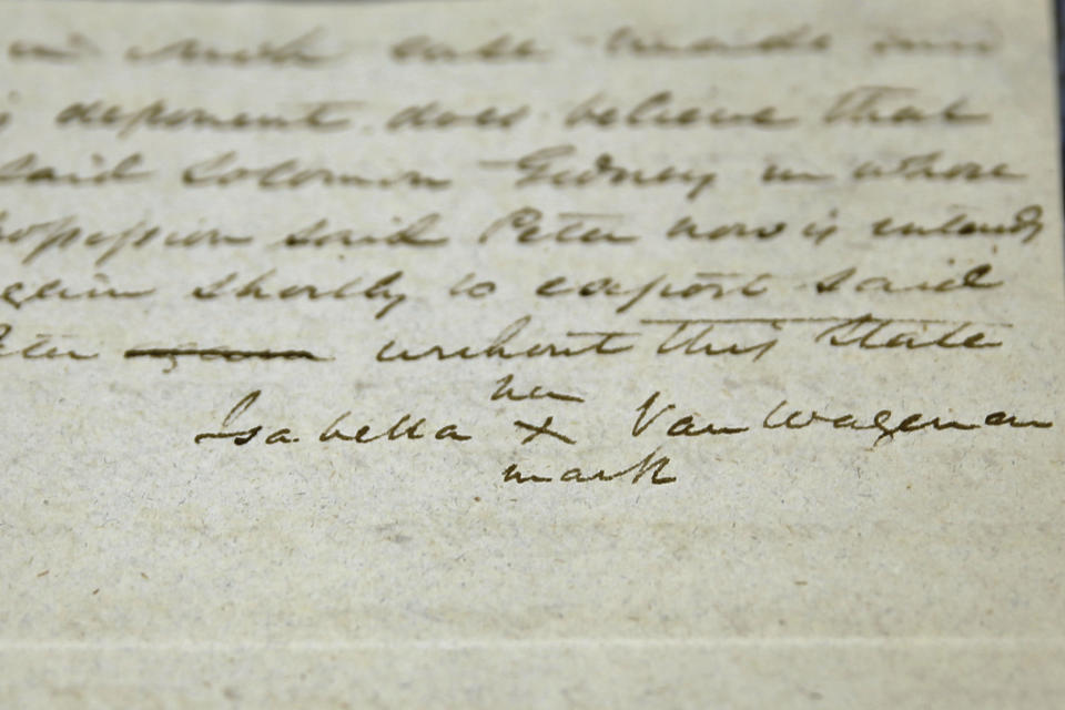 Isabella Van Wagenen, who would later take the name Sojourner Truth, has her named signed with an "X" on her court deposition on a document shown at the New York State Archives. in Albany N.Y., Thursday, June 9, 2022. Recently found court records from 1828 detail her fight to be reunited with her young son, who had been sold into slavery in Alabama. The papers will be on display Wednesday, June 15, 2022, in Kingston, N.Y. (AP Photo/Michael Hill)