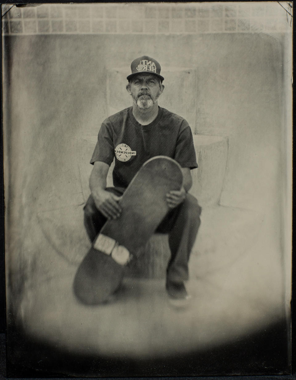 This undated photo provided by Matt Alberts shows Terrill Schmidt of Arvada, Colo., a lifelong skateboarder, or '"lifer" as they self-refer, in an image made by photographer Matt Alberts. Wet plate collodion photography, invented in 1851, has experienced a resurge in recent years as photographers turn to this antiquated method for its moody, haunting images and complicated, hands-on process. "I'm creating something just with light and my hands,' says Alberts. "It feels more like art." (AP Photo/Matt Alberts, Matt Alberts Photography)