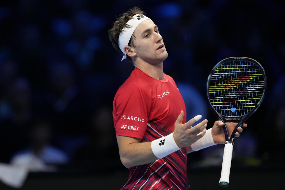 Norway's Casper Ruud reacts during his singles final tennis match of the ATP World Tour Finals against Serbia's Novak Djokovic at the Pala Alpitour, in Turin, Italy, Sunday, Nov. 20, 2022. (AP Photo/Antonio Calanni)