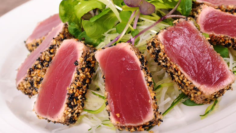 rare tuna steak slices