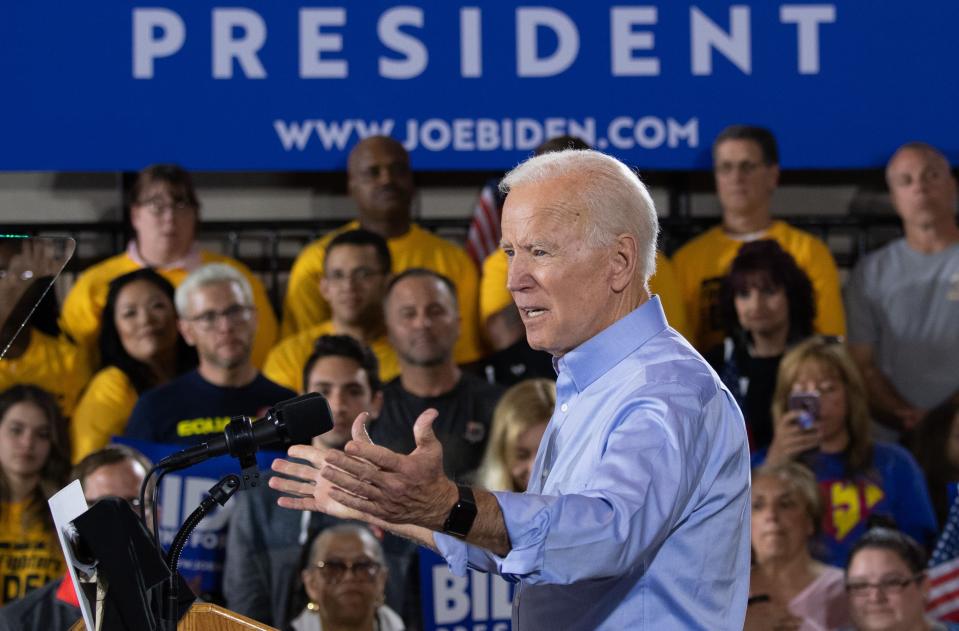 Former US vice president Joe Biden speaks during his first campaign event as a candidate for US President at Teamsters Local 249 in Pittsburgh, Pennsylvania, April 29, 2019.