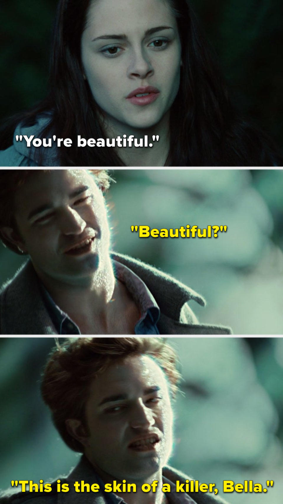 Bella says, You're beautiful, and Edward says, Beautiful, this is the skin of a killer, Bella