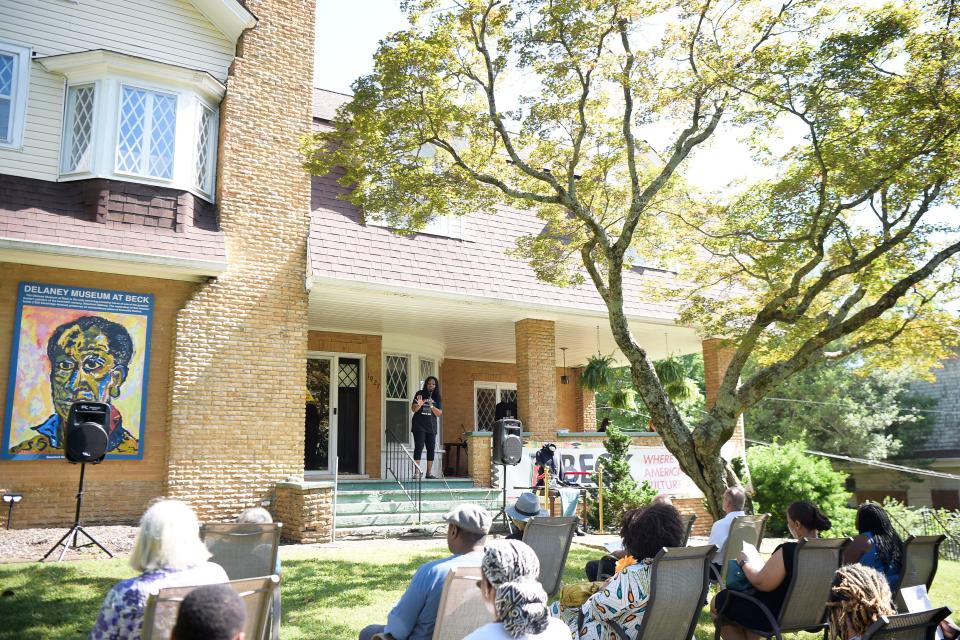 The Rev. Renee Kesler, president of the Beck Cultural Exchange Center, speaks during a Juneteenth Memorial Tribute at the center in Knoxville on June 18. The center is the former home of the late James and Ethel Beck.