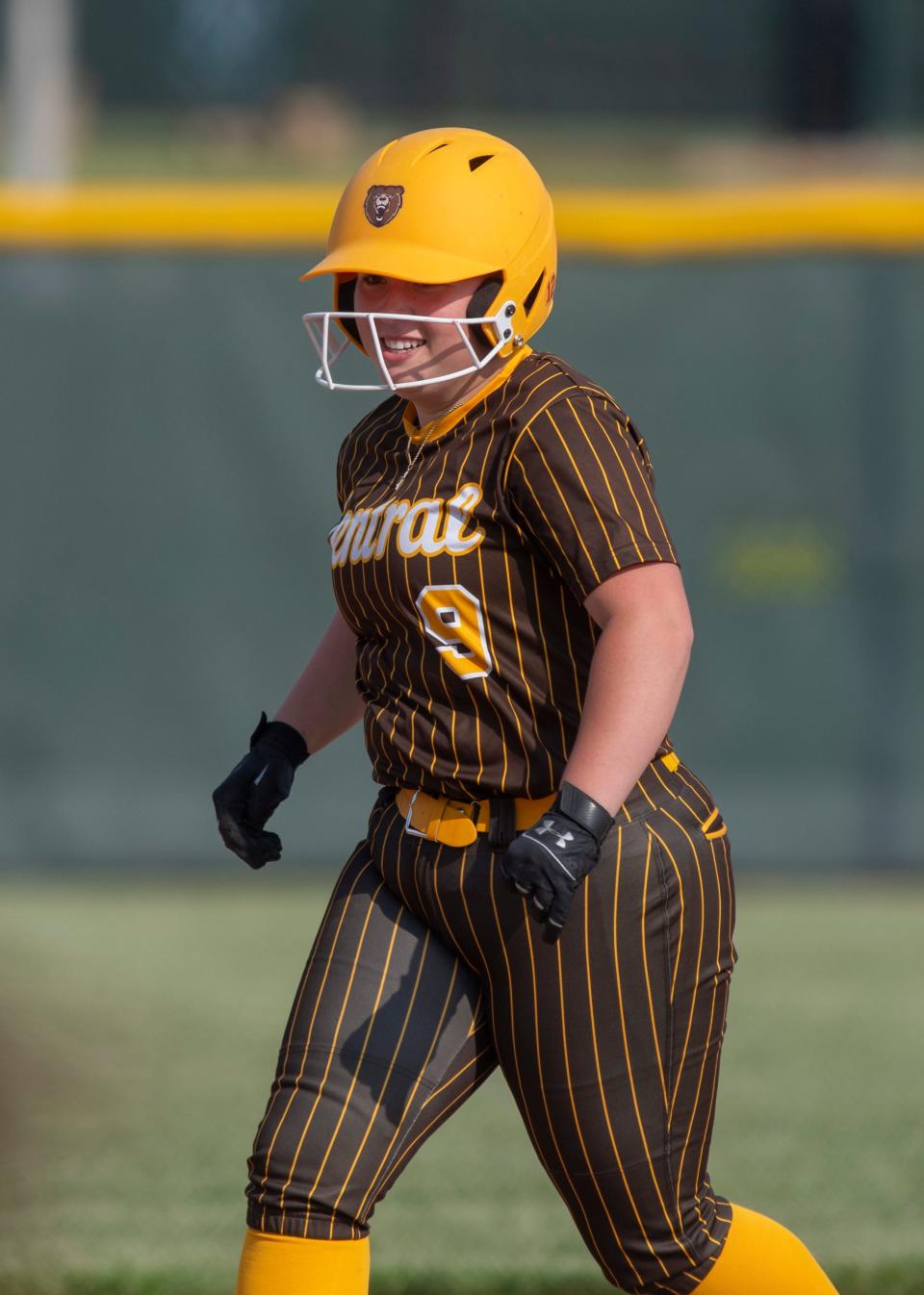 Central’s Hailee Vallee (9) runs the bases as the Central Bears play the Castle Knights during the 2023 IHSAA 4A softball sectional at North high School Tuesday, May 23, 2023.