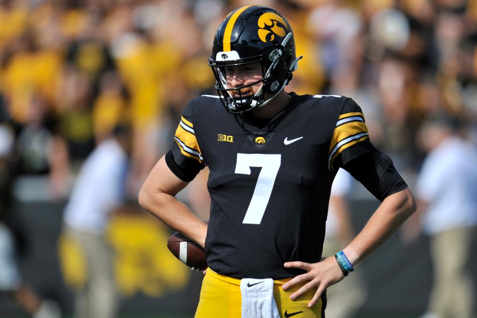 Iowa quarterback Spencer Petras went 11-for-25 for 109 yards with one interception in the Hawkeyes' 7-3 win over South Dakota State.