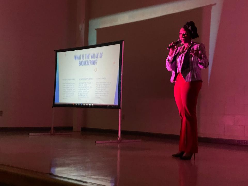 Malasia Jordan speaks during an expo on Saturday, Feb. 18, 2023, in Freeport.