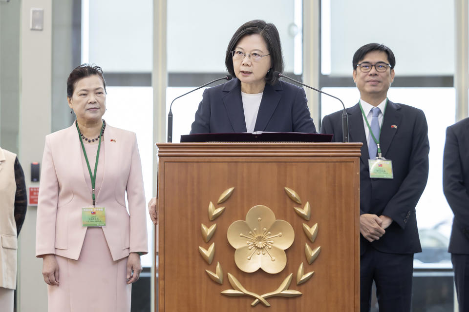 CORRECTS SPELLING OF ESWATINI In this photo released by the Taiwan Presidential Office, Taiwan's President Tsai Ing-wen speaks before leaving on a visit to Eswatini from Taiwan on Sept. 5, 2023. Taiwan's President Tsai Ing-wen has begun a four-day trip to Eswatini, one of the island's 13 remaining allies. Tsai, who is serving her last year as president, is visiting the country of 1.1 million people in southern Africa to "celebrate the friendship between the two countries," she said, as she departed Taiwan. (Taiwan Presidential Office via AP)