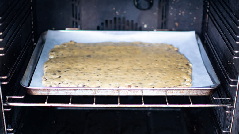 triple chocolate chip cookie in oven