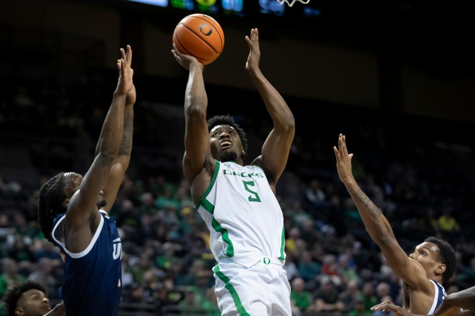 Oregon guard Jermaine Couisnard goes up for a shot as the Oregon Ducks host UTEP Saturday, Dec. 9, 2023, at Matthew Knight Arena in Eugene, Ore.