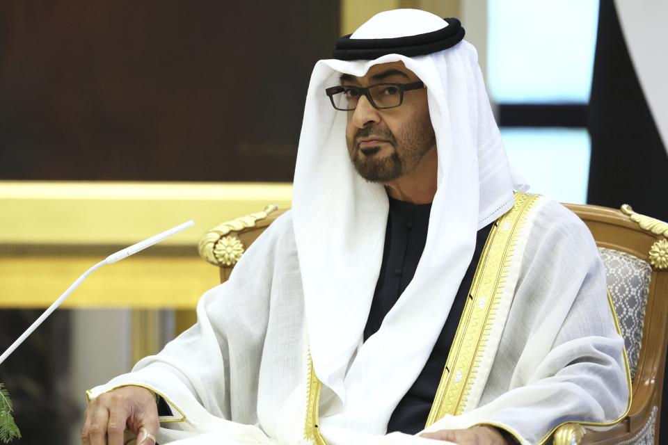 Emirati President Sheikh Mohammed bin Zayed Al Nahyan listens to Russian President Vladimir Putin during their talks at Qasr Al Watan, Abu Dhabi, United Arab Emirates, Wednesday, Dec. 6, 2023. (Sergei Savostyanov, Sputnik, Kremlin Pool Photo via AP)