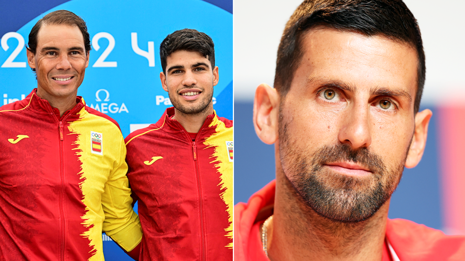 Rafa Nadal (pictured far left) might only play doubles with Carlos Alcaraz at the Olympics, after he was drawn on the same side of the schedule with No.1 seed Novak Djokovic (pictured right). (Getty Images)