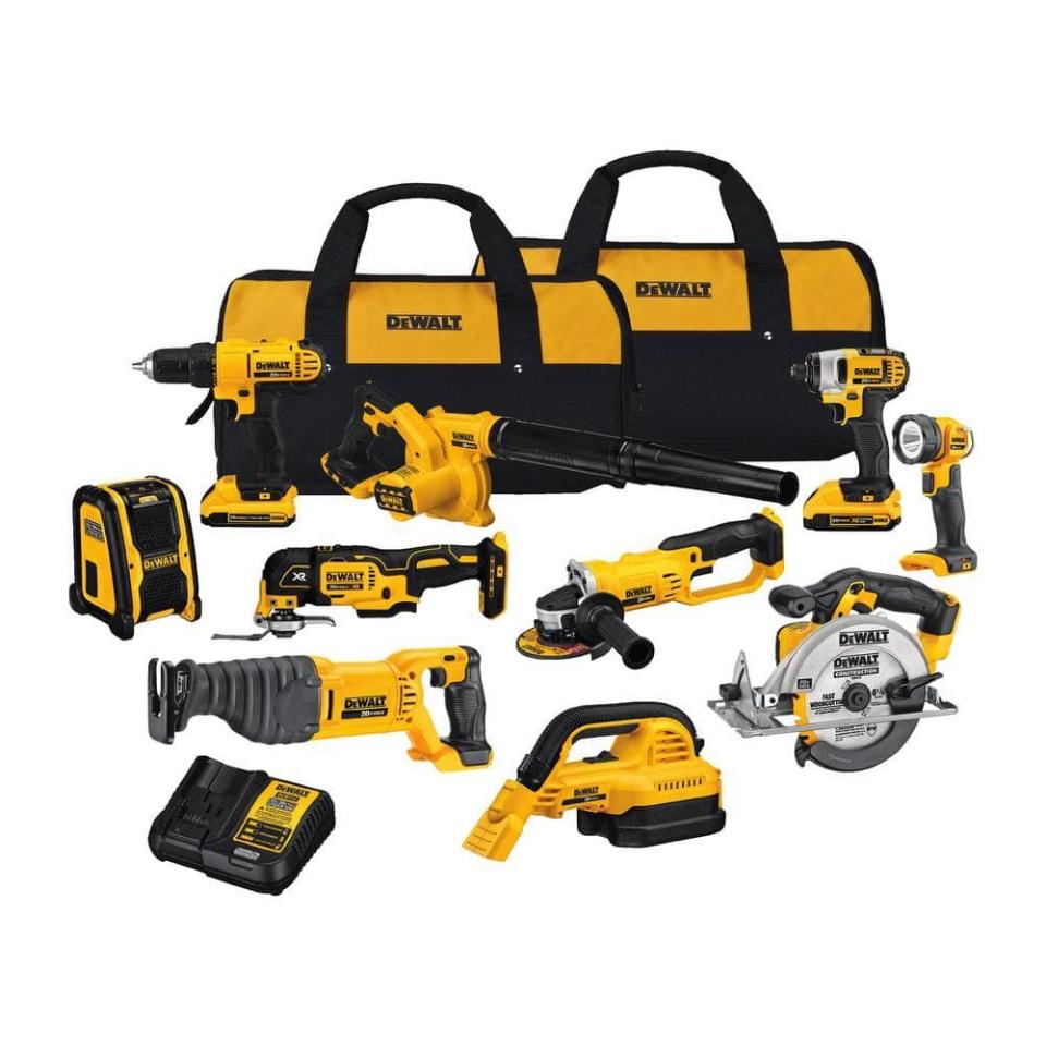 <p><a href="https://go.redirectingat.com?id=74968X1596630&url=https%3A%2F%2Fwww.homedepot.com%2Fp%2FDEWALT-20V-MAX-Cordless-10-Tool-Combo-Kit-with-2-20V-2-0Ah-Batteries-Charger-and-Bag-DCK1020D2%2F305019378&sref=https%3A%2F%2F" rel="nofollow noopener" target="_blank" data-ylk="slk:Shop Now;elm:context_link;itc:0;sec:content-canvas" class="link ">Shop Now</a></p><p>20V Max Cordless 10-Tool Combo Kit</p><p>homedepot.com</p><p>$549.00</p>