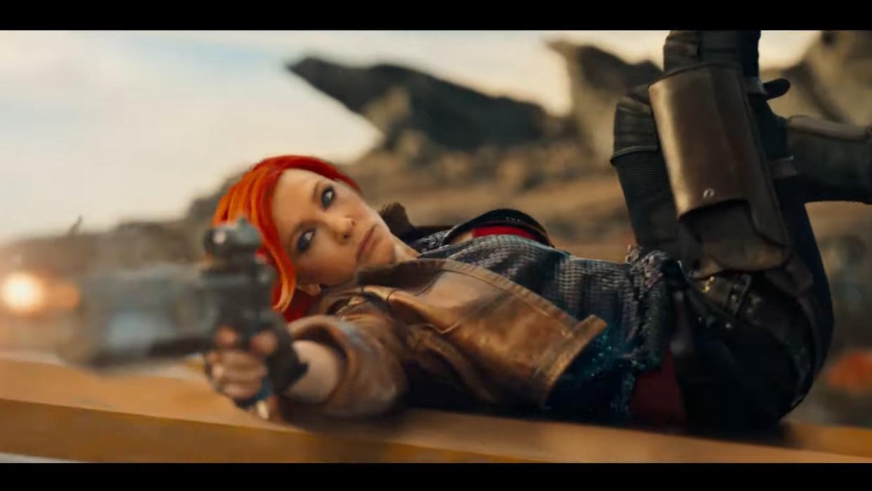  Borderlands movie teaser still - Cate Blanchett as Lilith firing a gun. 