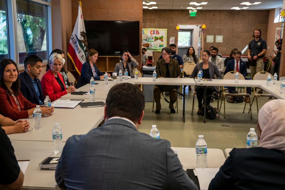 U.S. Secretary of Energy Jennifer M. Granholm and U.S. Rep. Raul Ruiz, D-La Quinta, on left, host a community listening session at the North Shore Beach and Yacht Club in Mecca, Calif., on April 20, 2022.  