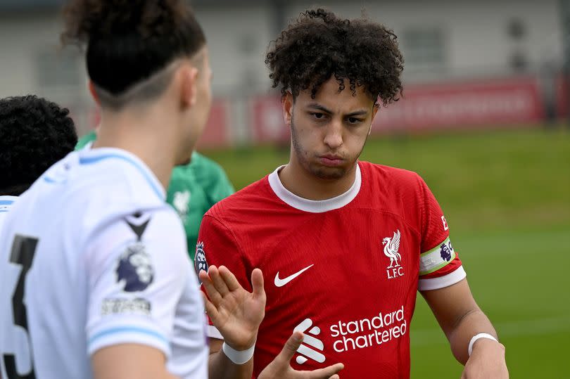 Kaide Gordon of Liverpool during the Premier League 2 play-off against Crystal Palace at the Liverpool Academy in Kirkby on May 5 2024