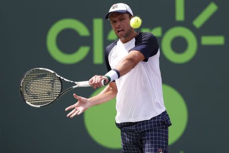 Mar 25, 2017; Miami, FL, USA; Horacio Zeballos of Argentina hits a backhand against Stan Wawrinka of Switzerland (not pictured) on day five of the 2017 Miami Open at Crandon Park Tennis Center. Wawrinka won 6-3, 6-4. Mandatory Credit: Geoff Burke-USA TODAY Sports