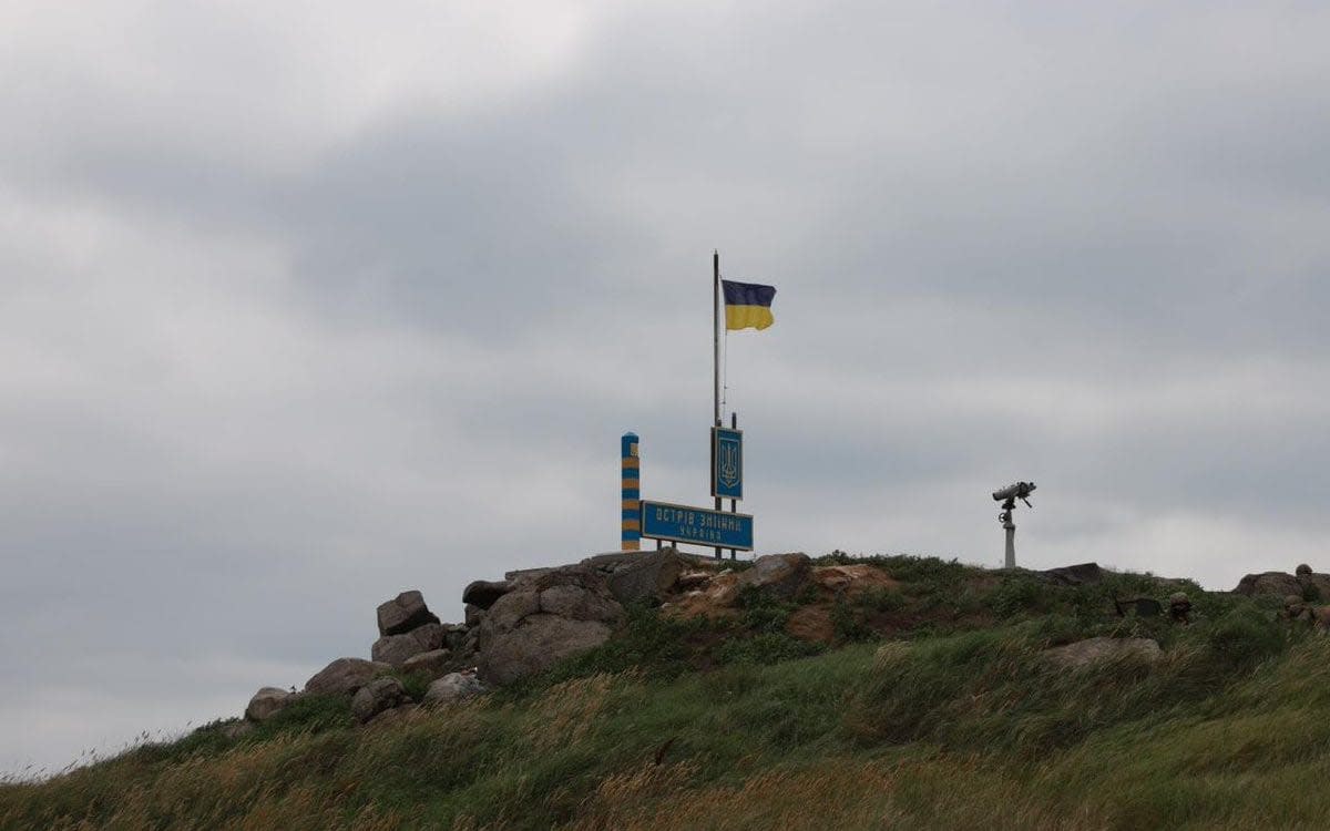 An image released by the Ukrainian military that it says shows the Ukrainian flag raised on Snake Island.  - DPSU Ukraine/DPSU Ukraine