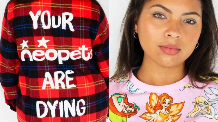 Neopets black and red plaid shirt with your neopets are dying in white letters on the back and photo of Black woman wearing faerie shirt Cakeworthy