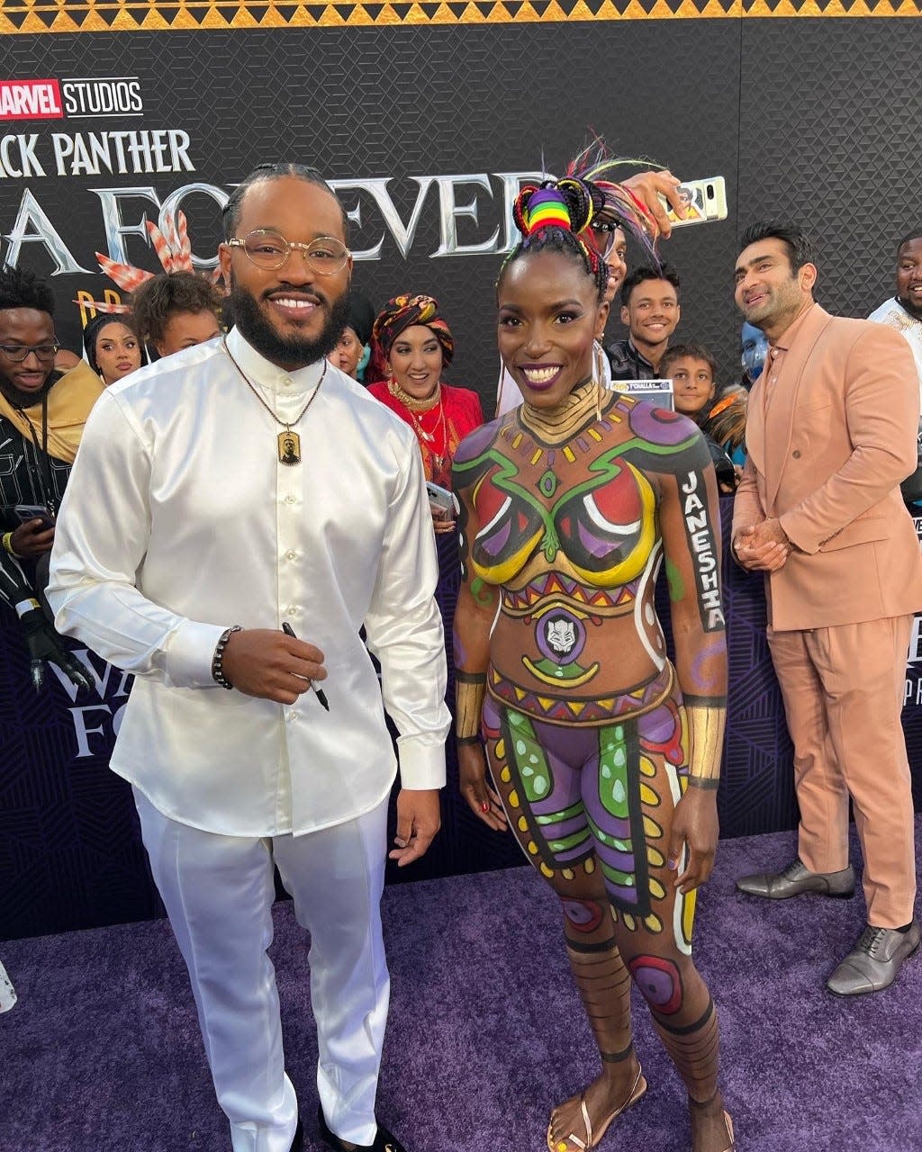 "Black Panther: Wakanda Forever" director Ryan Coogler and Janeshia Adams-Ginyard at the movie's premiere.