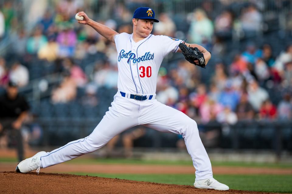 Luke Albright #30 of the Amarillo Sod Poodles pitches against the Corpus Christi Hooks on Friday, April 14, 2023, at HODGETOWN in Amarillo, Texas.
