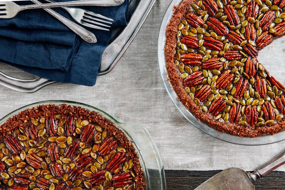 This pecan-chocolate pie has a crust made with gingersnaps and pecans.