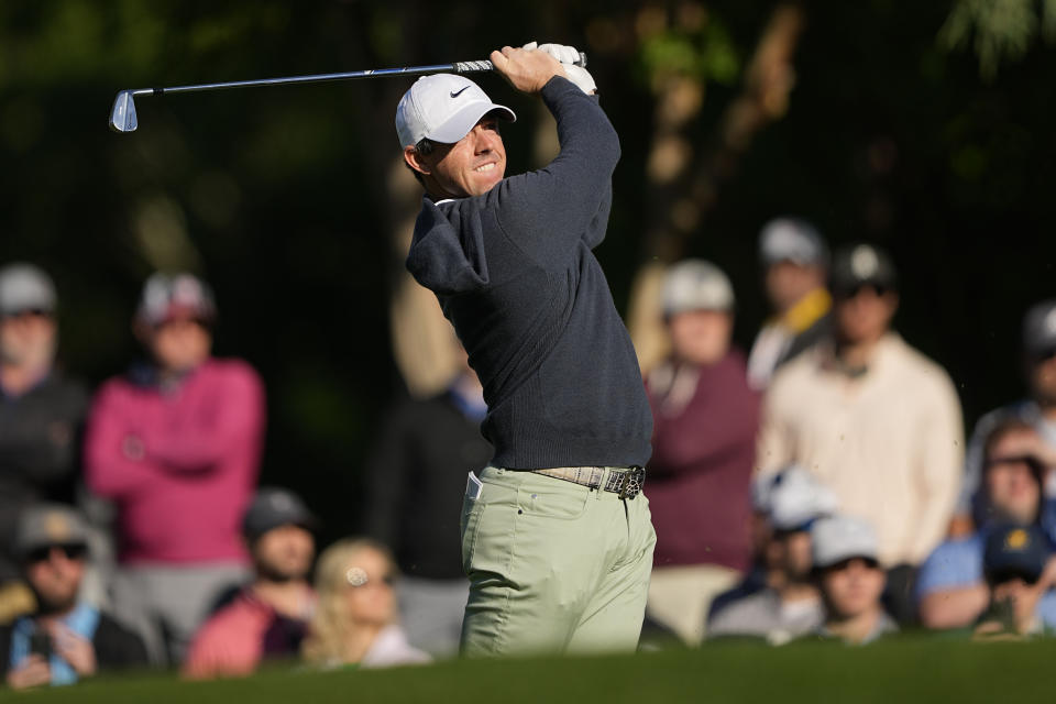 Rory McIlroy, of Northern Ireland, watches his tee shot on the 13th hole during first round of the Wells Fargo Championship golf tournament at the Quail Hollow Club on Thursday, May 4, 2023, in Charlotte, N.C. (AP Photo/Chris Carlson)