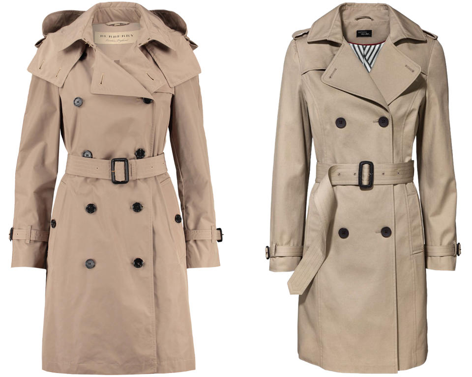 Links Burberrys Trenchcoat-Klassiker, rechts das um ein Vielfaches günstigere Äquivalent von Esmara by Heidi Klum. (Bilder: Burberry / Lidl)