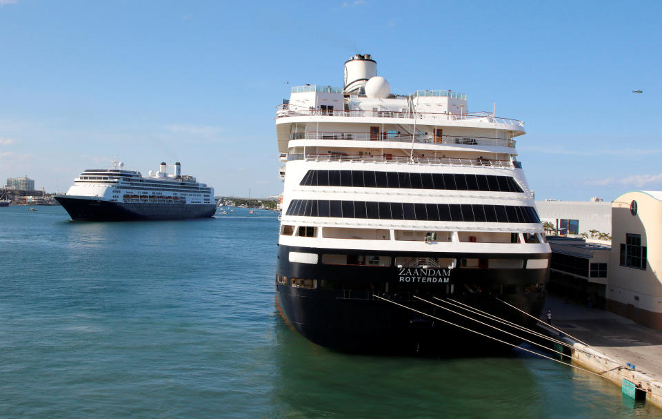 Cruise ships Zaandam (R) and Rotterdam of the Holland America Line, carrying patients affected by coronavirus disease (COVID-19), arrive at Port Everglades in Fort Lauderdale, Florida, U.S. April 2, 2020.  REUTER/Joe Skipper