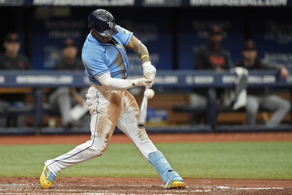 Tampa Bay Rays' Wander Franco connects for a double off Detroit Tigers starting pitcher Joey Wentz during the sixth inning of a baseball game Sunday, April 2, 2023, in St. Petersburg, Fla. (AP Photo/Chris O'Meara)