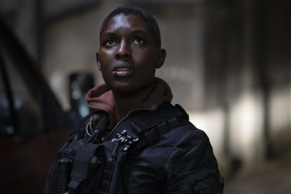 This image released by Amazon shows Jodie Turner-Smith in a scene from "Tom Clancy's Without Remorse." (Nadja Klier/Amazon via AP)