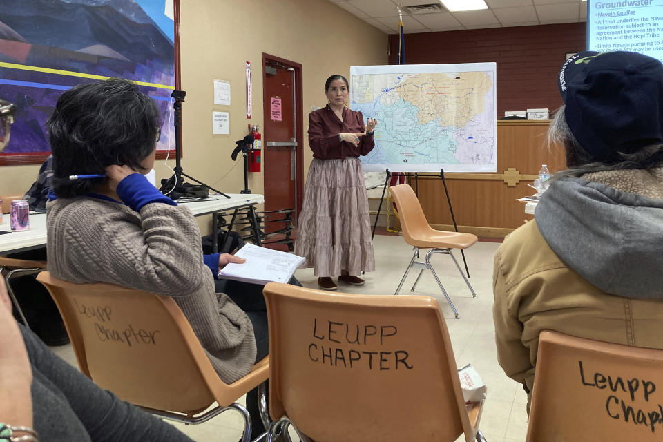 Navajo Attorney General Ethel Branch discusses a water rights settlement in the works for the tribe, Saturday, March 9, 2024, in Leupp, Ariz. A proposed water rights settlement for three Native American tribes that carries a price tag larger than any such agreement enacted by Congress took a significant step forward late Monday, May 13, with introduction in the Navajo Nation Council. (AP Photo/Felicia Fonseca)