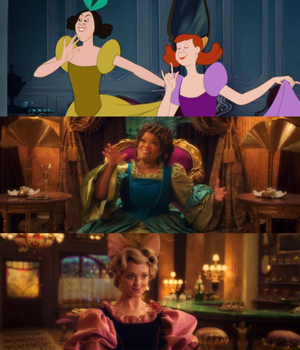 In the top image: Drizella and Anastasia in the animated "Cinderella." In the middle and bottom images: Rosaleen and Ruby in "Disenchanted."