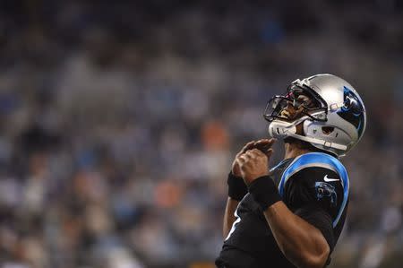 Nov 13, 2017; Charlotte, NC, USA; Carolina Panthers quarterback Cam Newton (1) reacts in the third quarter at Bank of America Stadium. Bob Donnan-USA TODAY Sports